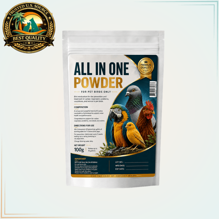 All-in-One Powder for Pet Birds – Canker, Coccidiosis, Respiratory & Worm Support, 100 g - Calvetsupply