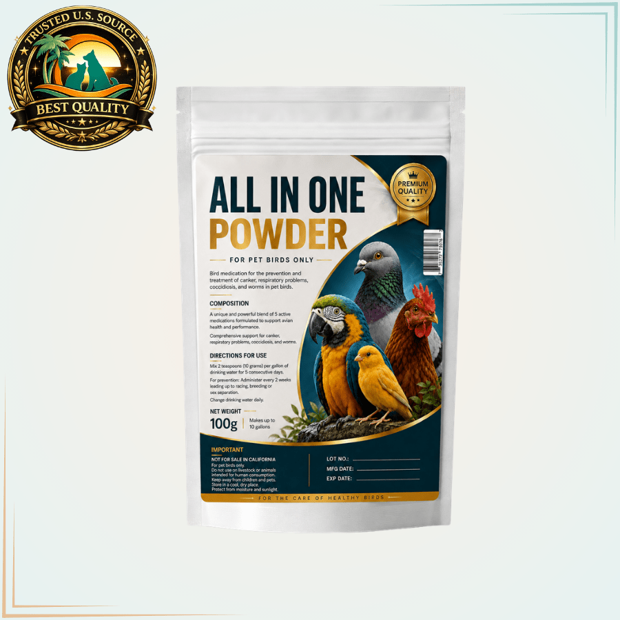 All-in-One Powder for Pet Birds – Canker, Coccidiosis, Respiratory & Worm Support, 100 g - Calvetsupply