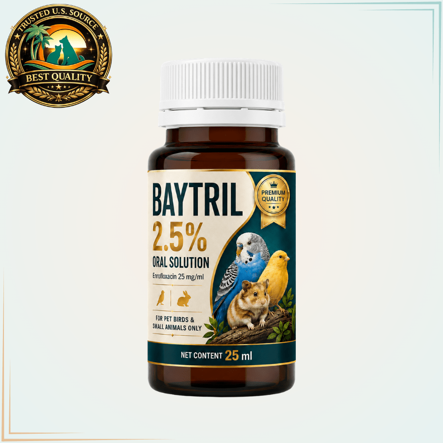 Baytril 2.5% Oral Solution for Pet Birds & Small Animals – Enrofloxacin 25 mg/mL, 25 mL - Calvetsupply
