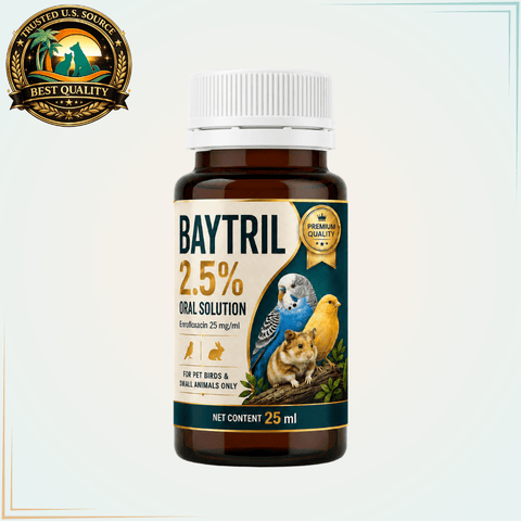 Baytril 2.5% Oral Solution for Pet Birds & Small Animals – Enrofloxacin 25 mg/mL, 25 mL - Calvetsupply